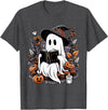 Ghost Spooky Season Teacher Outfit Ghost Reading Books Pumpkin Halloween T-Shirt - Dark Heather Grey