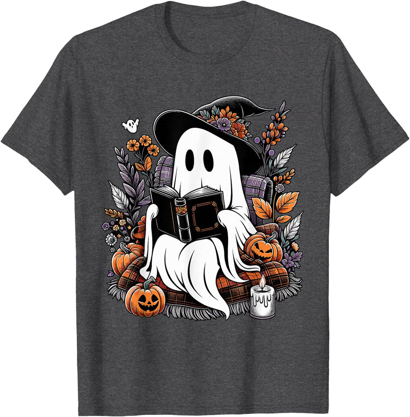 Ghost Spooky Season Teacher Outfit Ghost Reading Books Pumpkin Halloween T-Shirt - Dark Heather Grey