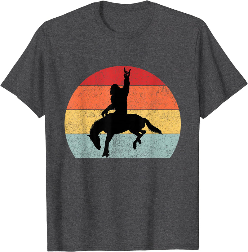 Bigfoot Rodeo Gear Bigfoot Riding a Horse Rodeo Retro Sunset Funny T-Shirt - Dark Heather Grey