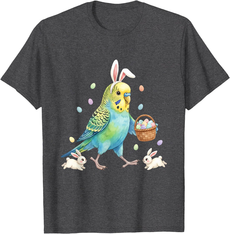 Cute Easter Bunny Rabbit with Eggs Whimsical Parakeet Design T-Shirt in Dark Heather Grey