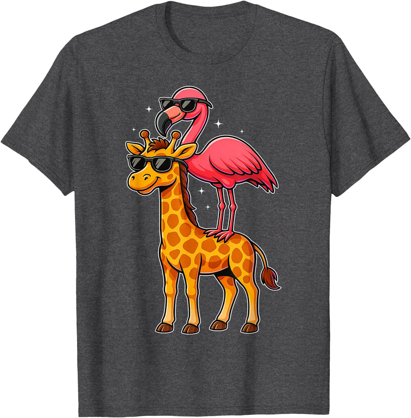 Funny Flamingo Riding Giraffe Cute Animals Funny Flamingo and Giraffe Cool Animals Friends T-Shirt - Dark Heather Grey
