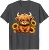 Cute Scottish Highland Cow Sunflower Highland Cow Farm T-Shirt - Dark Heather Grey