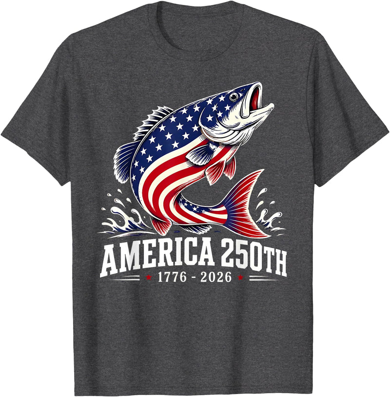250 America Years 1776 2026 Fishing USA Flag Patriotic Leaping Salmon American Flag Fishing 4th of July T-Shirt - Dark Heather Grey