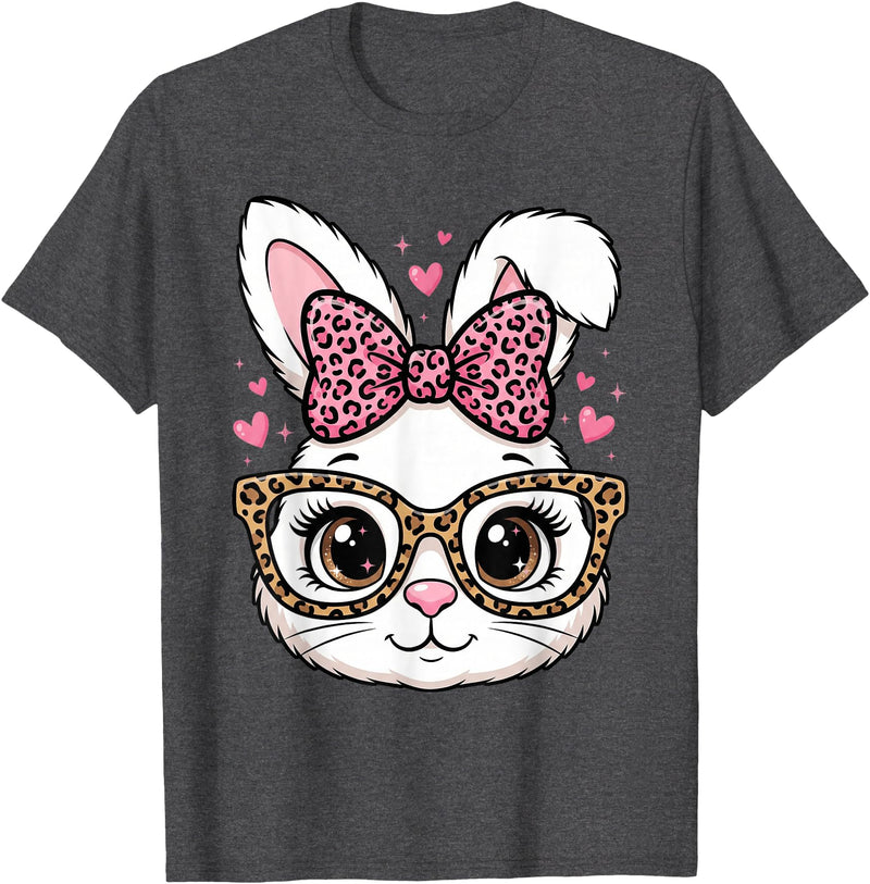 Cute Easter Rabbit Face Leopard Bow Sunglasses Bunny Girls T-Shirt in Dark Heather Grey