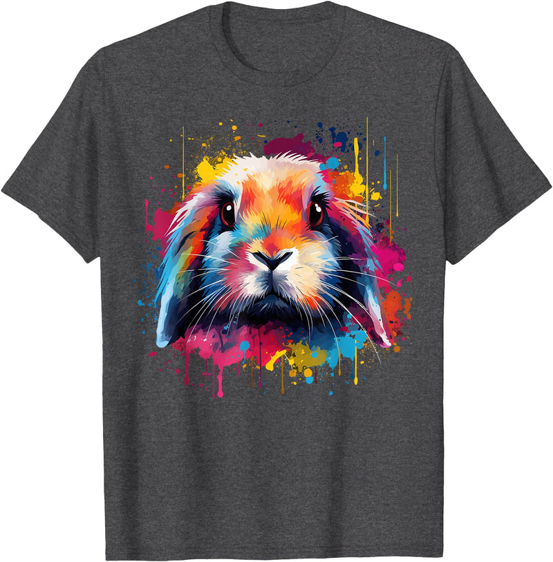Cute Holland Lop Rabbit Lover Colorful Splash Art T-Shirt in Dark Heather Grey