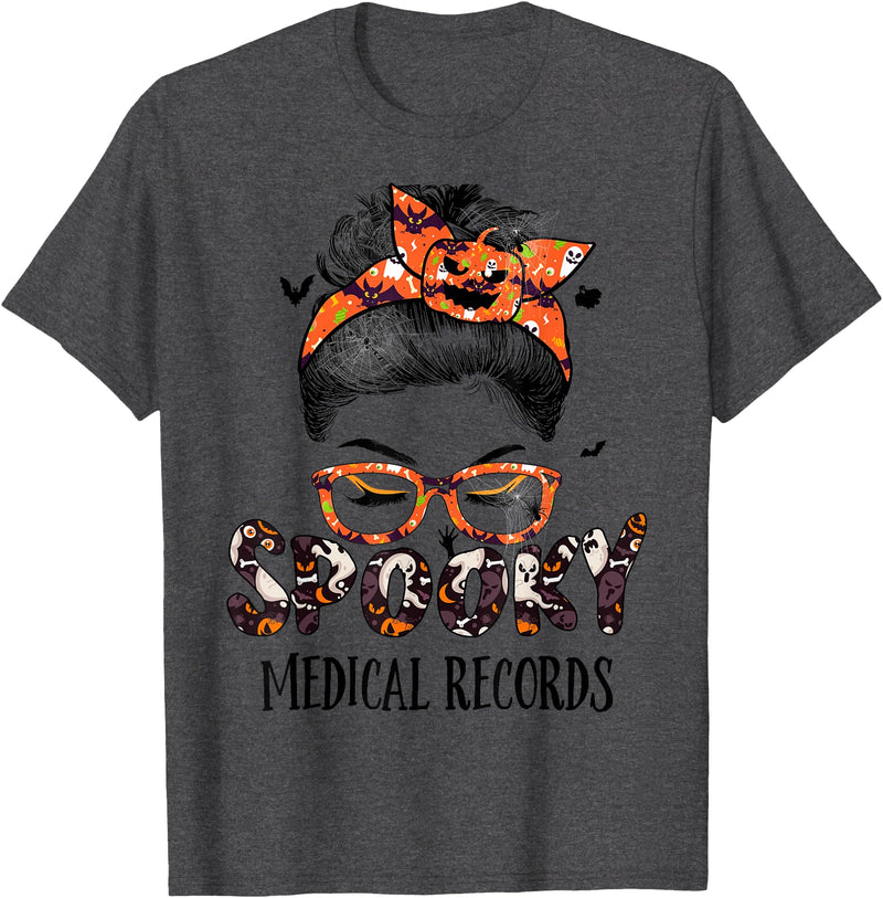 TeeaxArt Spooky Halloween Gifts Messy Bun Spooky Medical Records Pumpkin Halloween Bat T-Shirt - Dark Heather Grey