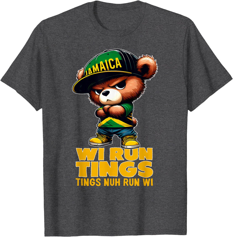 Jamaican Gifts for proud Jamaican Men, Women, Kids WI RUN TINGS Teddy Bear Jamaica Flag Shirt Jamaican Clothing T-Shirt - Dark Heather Grey