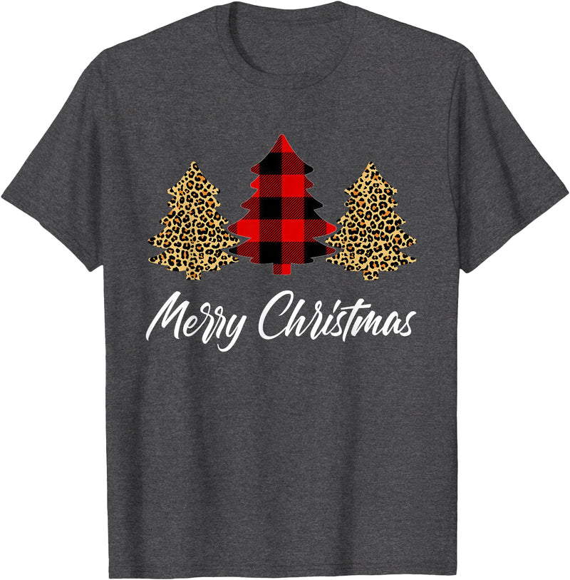 Merry Christmas Plaid Apparels Co. Merry Christmas, Leopard buffalo plaid Christmas tree Xmas T-Shirt - Dark Heather Grey