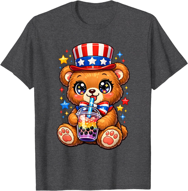 Kawaii Red White and Blue Fourth July Little Kids Cute Teddy Bear Patriotic 4th July Gift Bubble Boba Tea USA T-Shirt - Dark Heather Grey