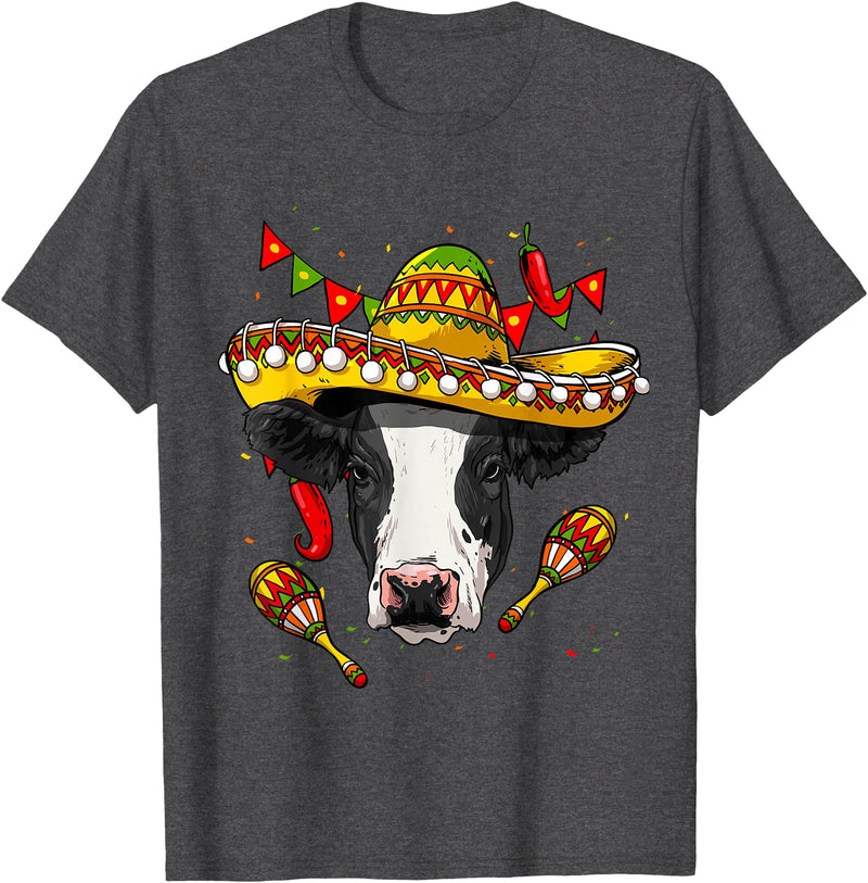 Wowsome! Cinco de Mayo Cow Mexican Lover Sombrero Cow T-Shirt - Dark Heather Grey