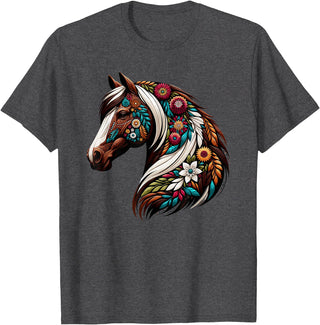 Horse Riding Lovers Gifts For Cowgirls & Girls Equestrian Horse Riding, Western Horseback, Horse Flower T-Shirt - Dark Heather Grey