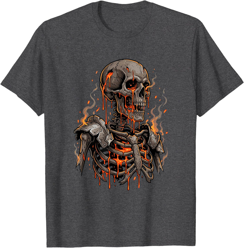 Molten Skull Fire Horror Skeleton Art Designs Spooky Halloween Skull Skeleton Fire Dark Fantasy T-Shirt - Dark Heather Grey