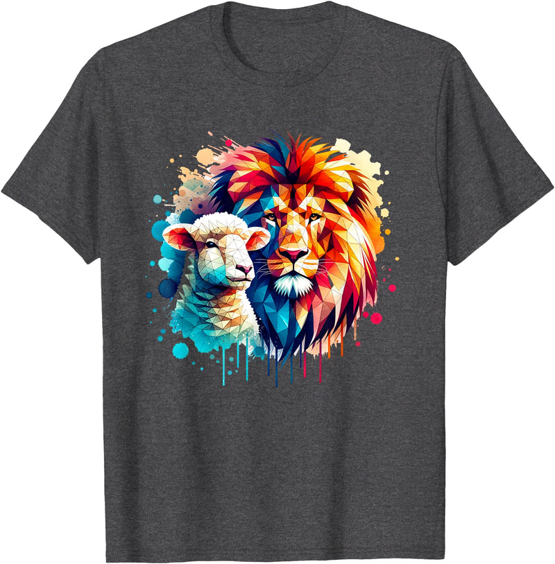 Christian Clothing Lion And Lamb Christian Art Lion And Lamb Geometric Christian Clothing T-Shirt - Dark Heather Grey