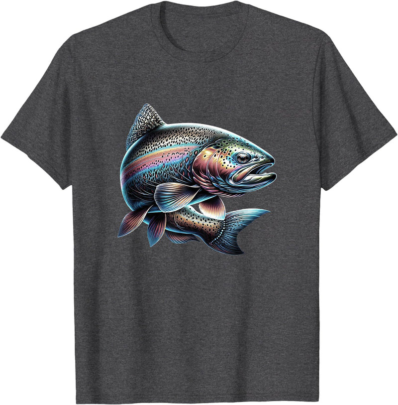 Steelhead Fishing - Unisex Adults & Kids Fishing T-Shirt - Black - Small - Short Sleeve - Cotton & Polyester - Modern Fish Graphic - Crew Neck - Regular Fit - Pull On - Imported - Dark Heather Grey