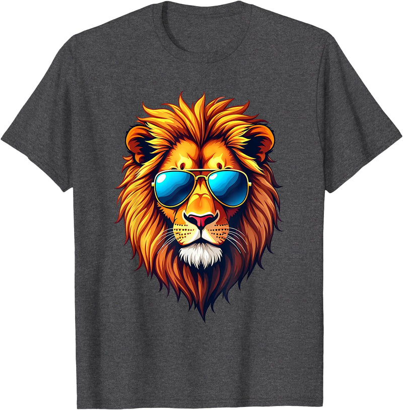 DeBlu Lion Lion Wearing Sunglasses Colorful Artwork Graphic T-Shirt - Dark Heather Grey