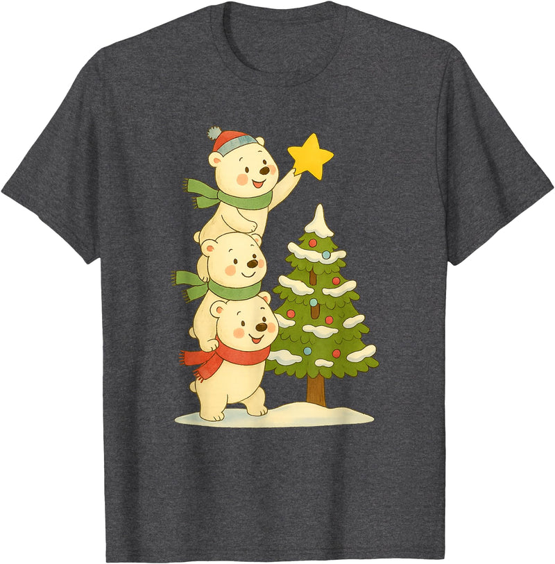 Cute Xmas Bear Cartoon for Kids and Family Cute Polar Bear Stacking Star on Tree Christmas T-Shirt - Dark Heather Grey