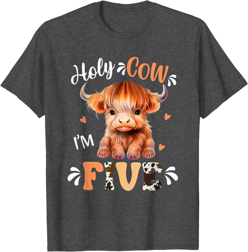 Highland Cow Print 5 Year Old Birthday Gift Holy Cow Im Five Scottish Highland Cow Print 5th Birthday T-Shirt - Dark Heather