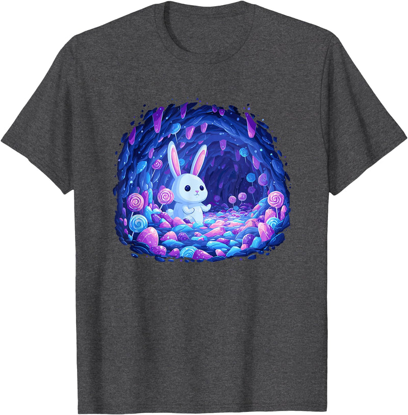 Enchanting Bunny in Candy Cave Fantasy World T-Shirt in Dark Heather Grey