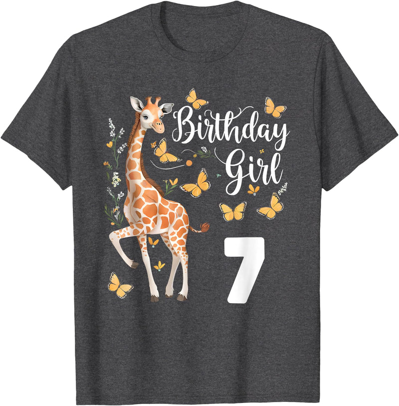 Giraffe Birthday Party by LazyPanda Giraffe 7th Birthday Girl 7 Years Old Giraffe Lover T-Shirt - Dark Heather Grey