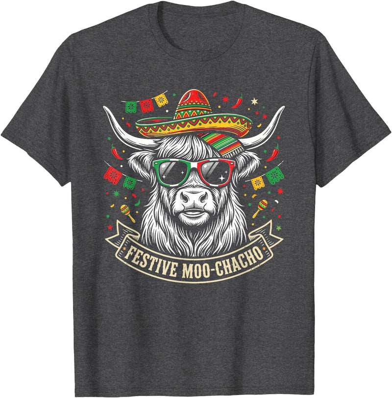 Cinco De Mayo Fiesta Moo Tees Vintage Highland Cow Cinco De Mayo Funny Retro Fiesta Design T-Shirt - Dark Heather Grey