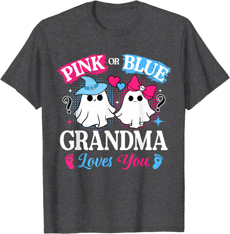 Halloween Ghost Baby Gender Reveal Family Matching Pink or Blue Grandma Loves You Gender Reveal Halloween T-Shirt - Dark