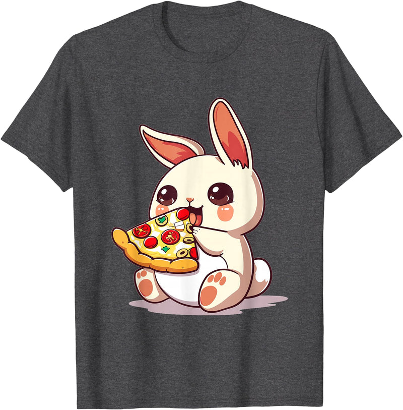 Funny Bunny Rabbit Eating Pizza Graphic T-Shirt in Dark Heather Grey