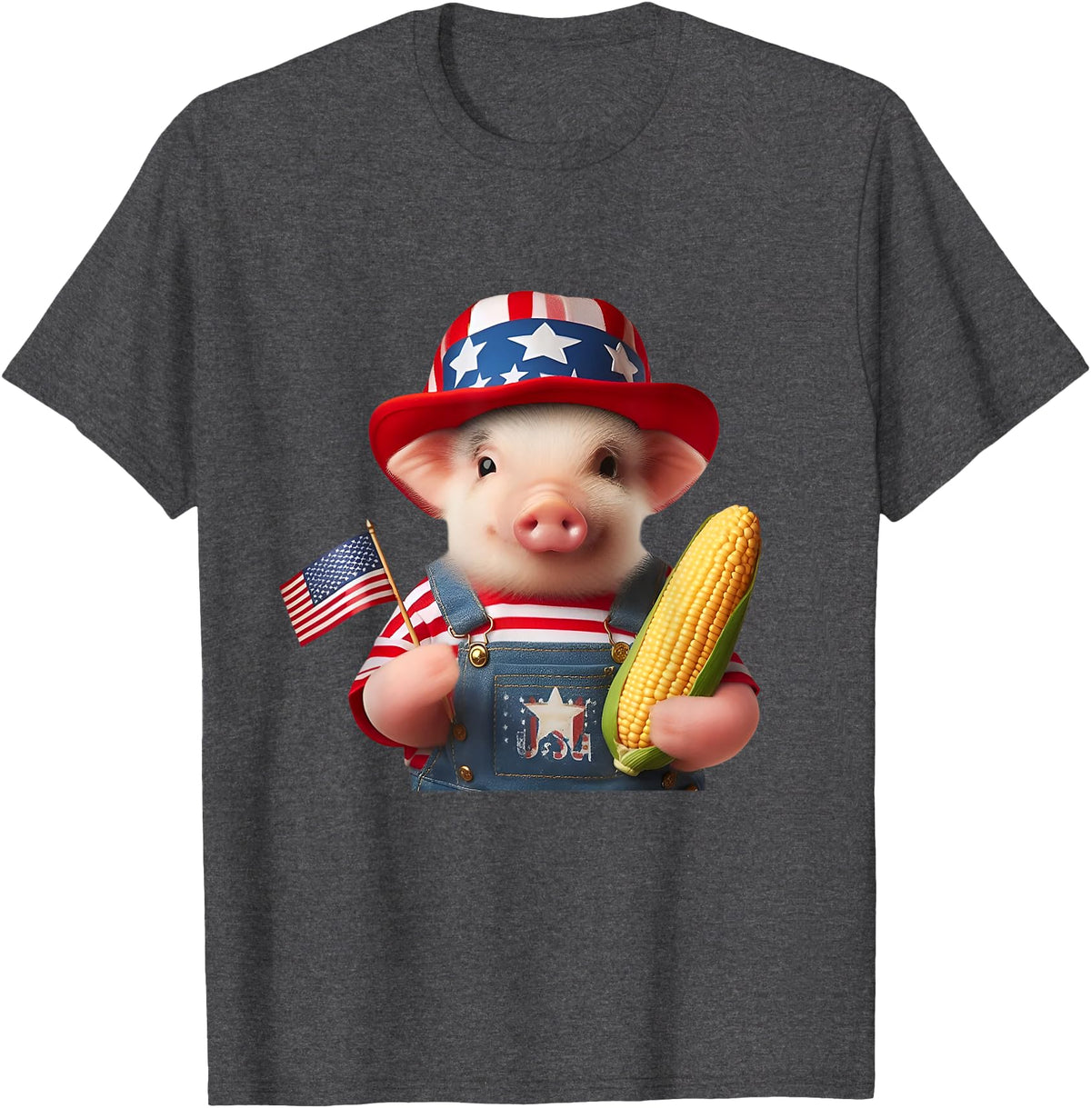 Pig Corn 4th of July Design 4th of July Pig American Us Flag Patriotic Corn 4th of July T-Shirt - Dark Heather Grey