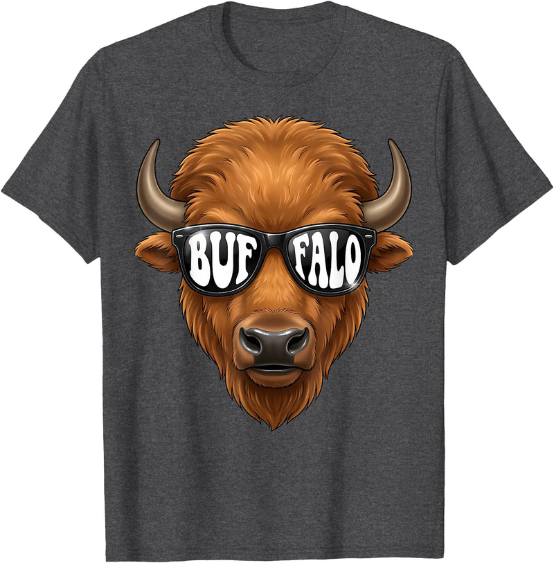 generic Buffalo with Sunglasses Wildlife Graphic for Men Women Kids T-Shirt - Dark Heather Grey