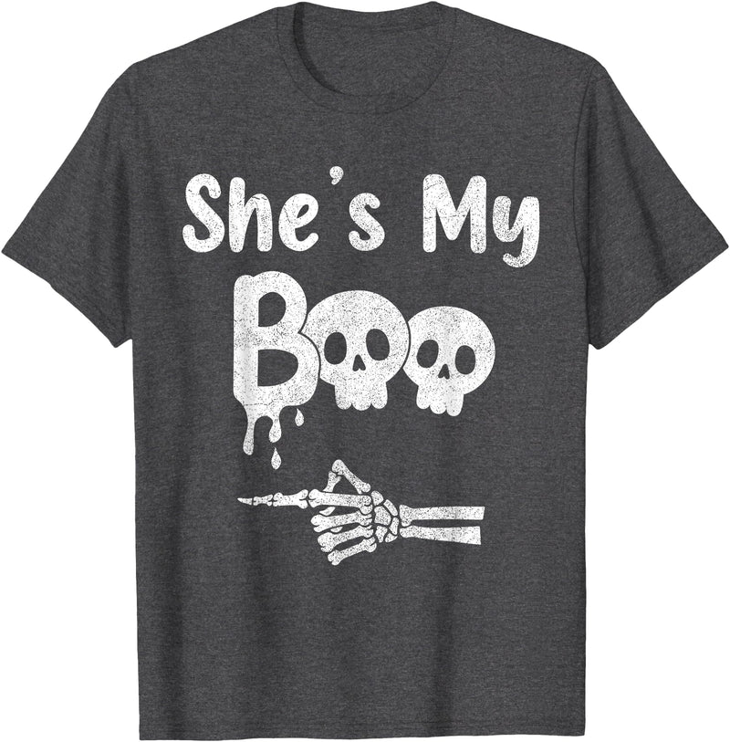 Couples Halloween Matching Gifts Matching Halloween Pajama Couples, She’s My Boo Skull Face T-Shirt - Dark Heather Grey