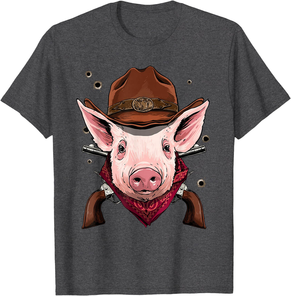 Wowsome! Cowboy Pig Western Rodeo Cowboy Hat and Bandana T-Shirt - Dark Heather Grey