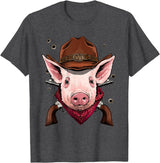 Wowsome! Cowboy Pig Western Rodeo Cowboy Hat and Bandana T-Shirt - Dark Heather Grey