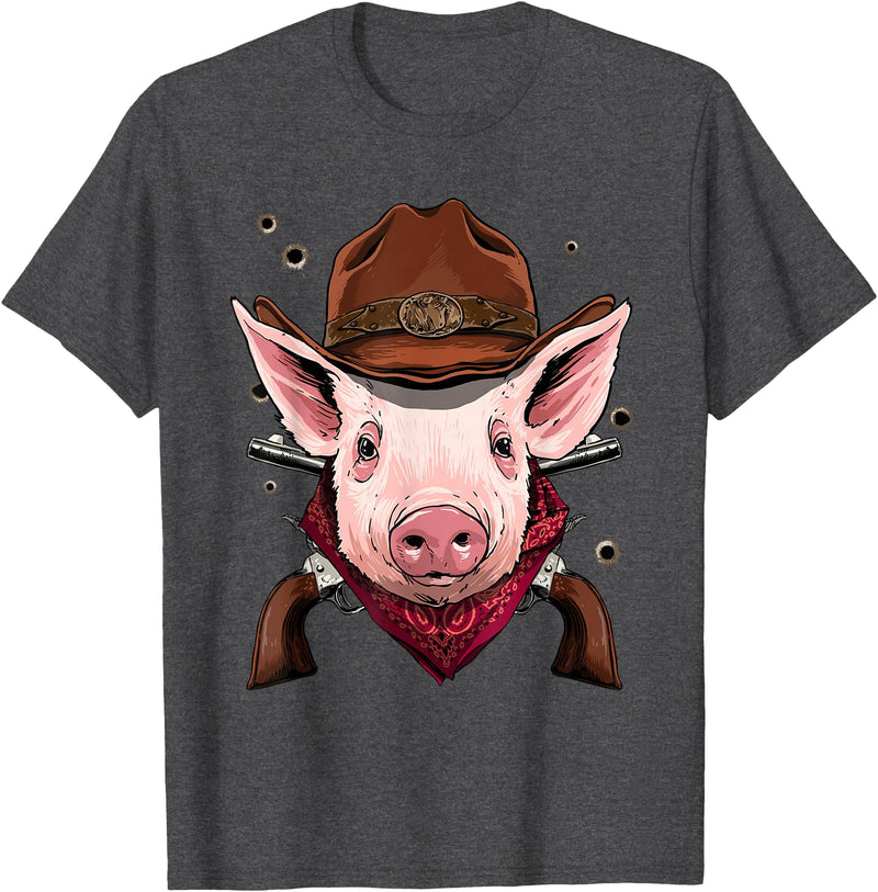 Wowsome! Cowboy Pig Western Rodeo Cowboy Hat and Bandana T-Shirt - Dark Heather Grey