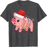 Pig Christmas Gifts Men Women Kids Co. Christmas Lights Pig Wearing Xmas Hat - Pig Lover Farmer T-Shirt - Dark Heather Grey