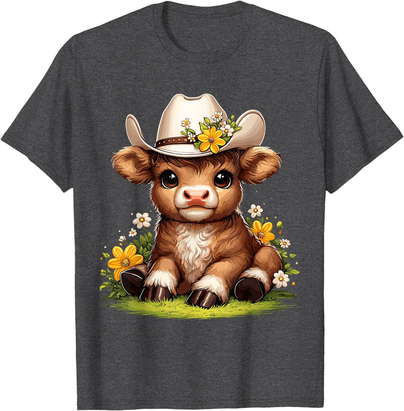 Cute Scottish Highland Cow Lovers Scottish Highland Cow Flowers Cattle Hairy Cow T-Shirt - Dark Heather Grey