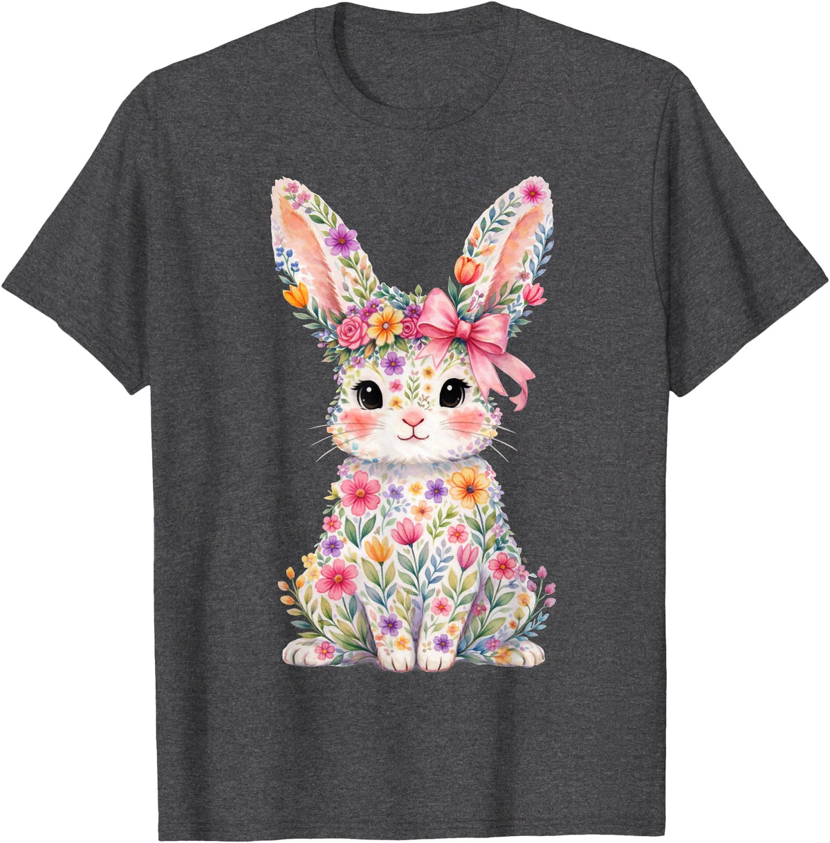 Cute Pink Flower Bunny Rabbit Happy Easter Women Girls T-Shirt in Dark Heather Grey