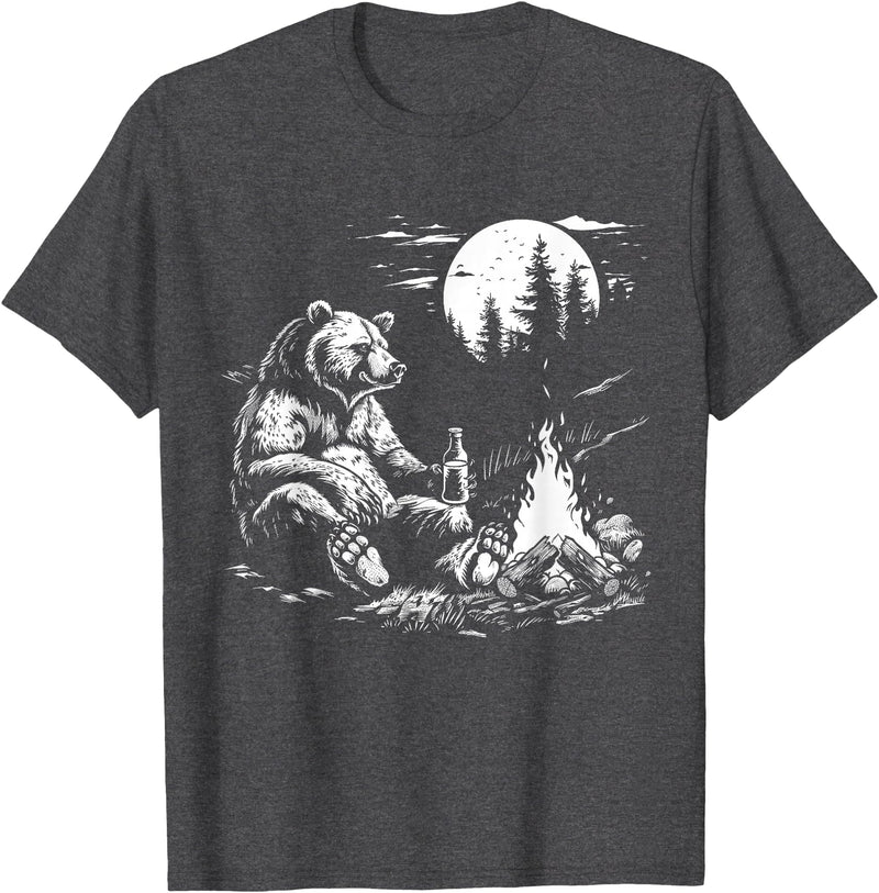 Camping Grizzly Bear Camping Bear Drinking Beer Hiking Nature Funny Grizzly Bear T-Shirt - Dark Heather Grey