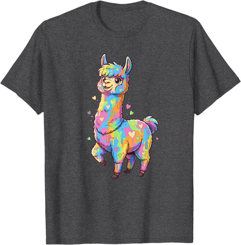 Rainbow Llama Love Pastel Hearts Kawaii Colorful Rainbow Heart Llama Kawaii Cute T-Shirt - Dark Heather Grey