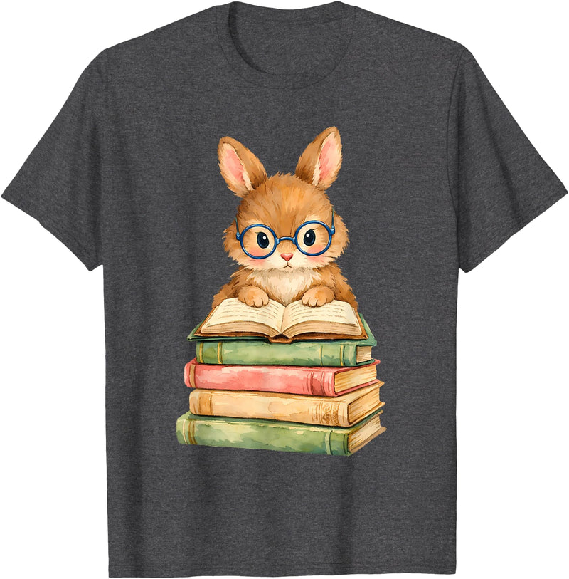 Reading Bunny Rabbit Glasses Book Bookworm Teacher Women T-Shirt in Dark Heather Grey