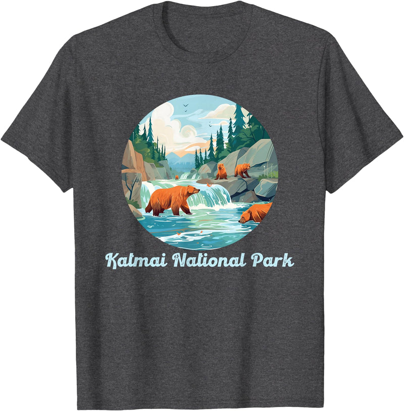 Fun National Parks Alaska Katmai National Park Alaska Brooks Falls Salmon Bears T-Shirt - Dark Heather Grey