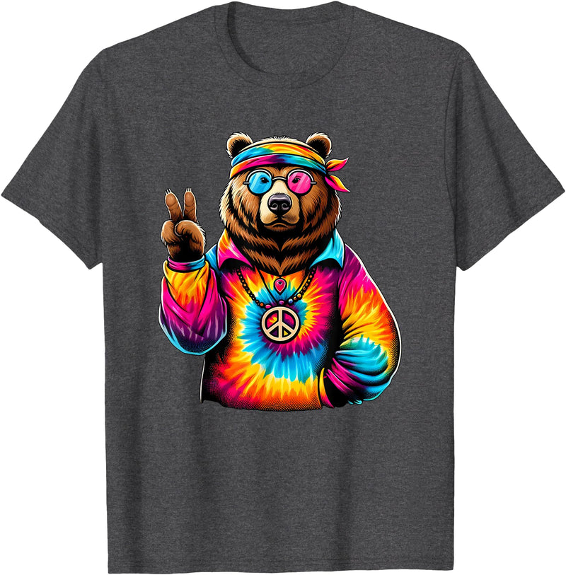 Grizzly Bear Hippie Costumes Peace Sign Tie Dye Grizzly Bear T-Shirt - Dark Heather Grey