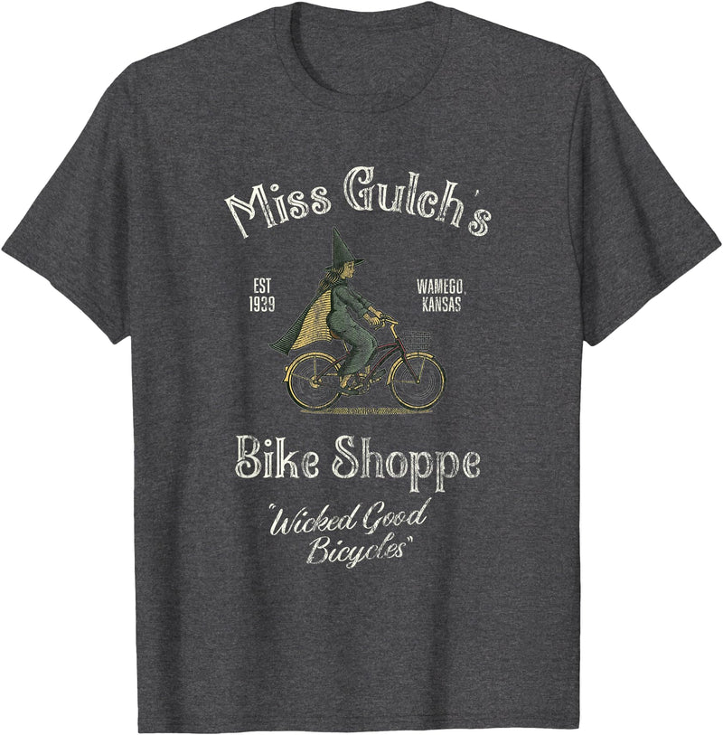 Pebble & Birch Collaborative Miss Gulch's Bike Shop, Distressed Funny Halloween T-Shirt - Dark Heather Grey