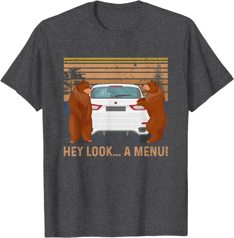 Hey Look A Menu Funny Camping Camper Vintage Bear T-Shirt - Dark Heather Grey