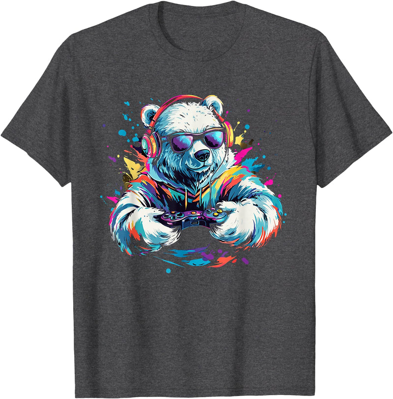 Colorful artistic polar bear gamer animal motifs Gaming Polar Bear Colorful Headset Art Gamer Polar Bear T-Shirt - Dark Heather Grey