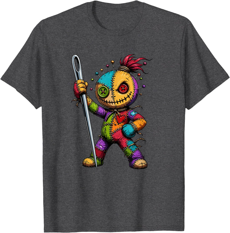 Colorful Voodoo Doll Patchwork Horror Halloween Creepy Rainbow Voodoo Doll with Needle Halloween T-Shirt - Dark Heather Grey