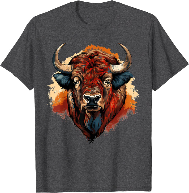 Safari Animal Art Buffalo Portrait Bison Drawing Splash Artwork Animal Print T-Shirt - Dark Heather Grey