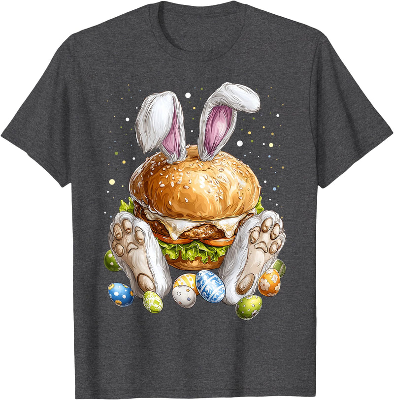 Burger Hamburger Easter Rabbit Eggs Bunny Ears T-Shirt in Dark Heather Grey