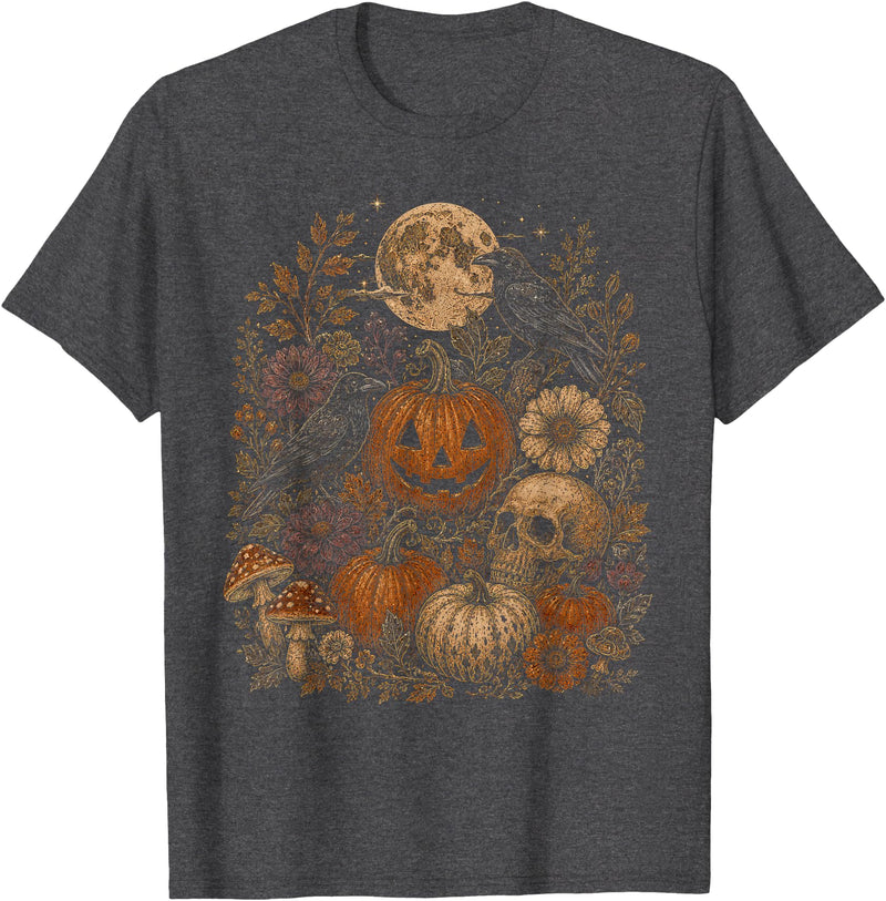 Threadrock Vintage Halloween Harvest Retro Gothic Botanical T-Shirt - Dark Heather Grey