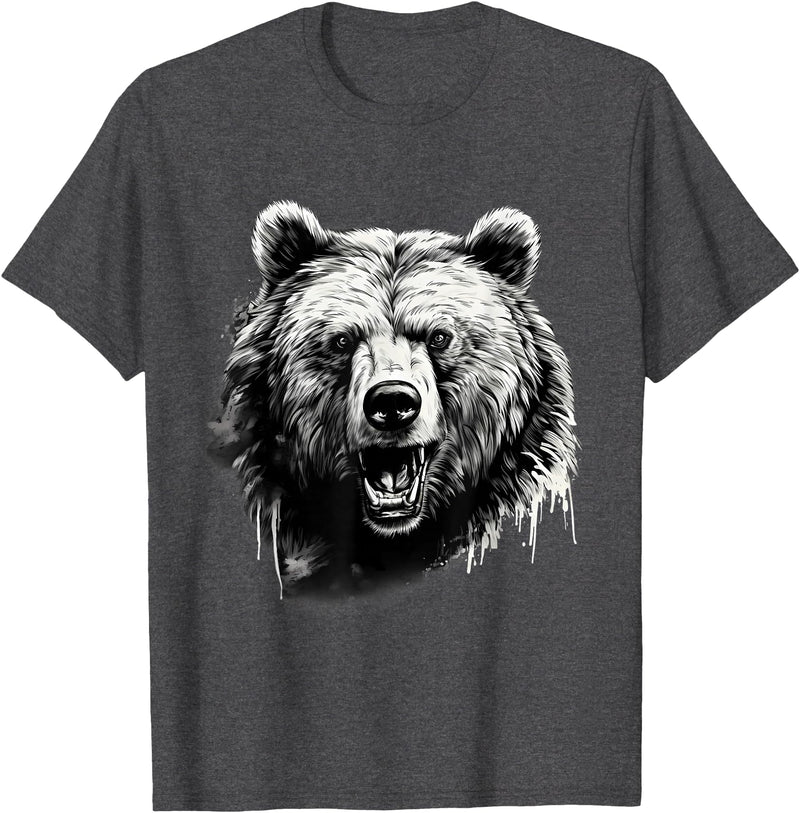 Forest Animal Art Bear Animal Art Portrait Wildlife Nature Artwork Drawing T-Shirt - Dark Heather Grey