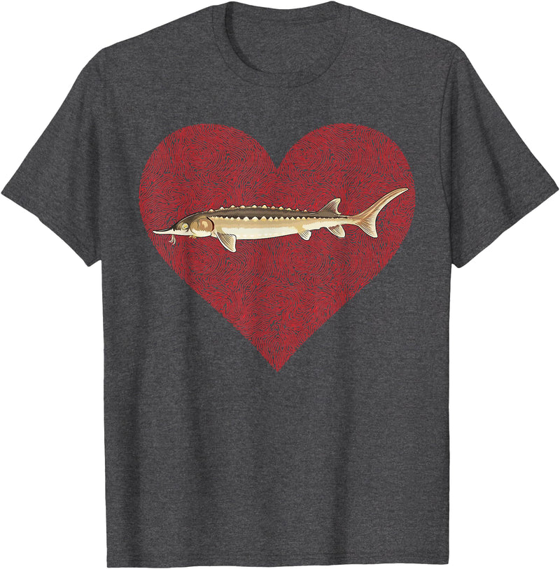 Sturgeon Gift Co. Sturgeon Valentines Day Fish Love Fingerprint T-Shirt - Dark Heather Grey