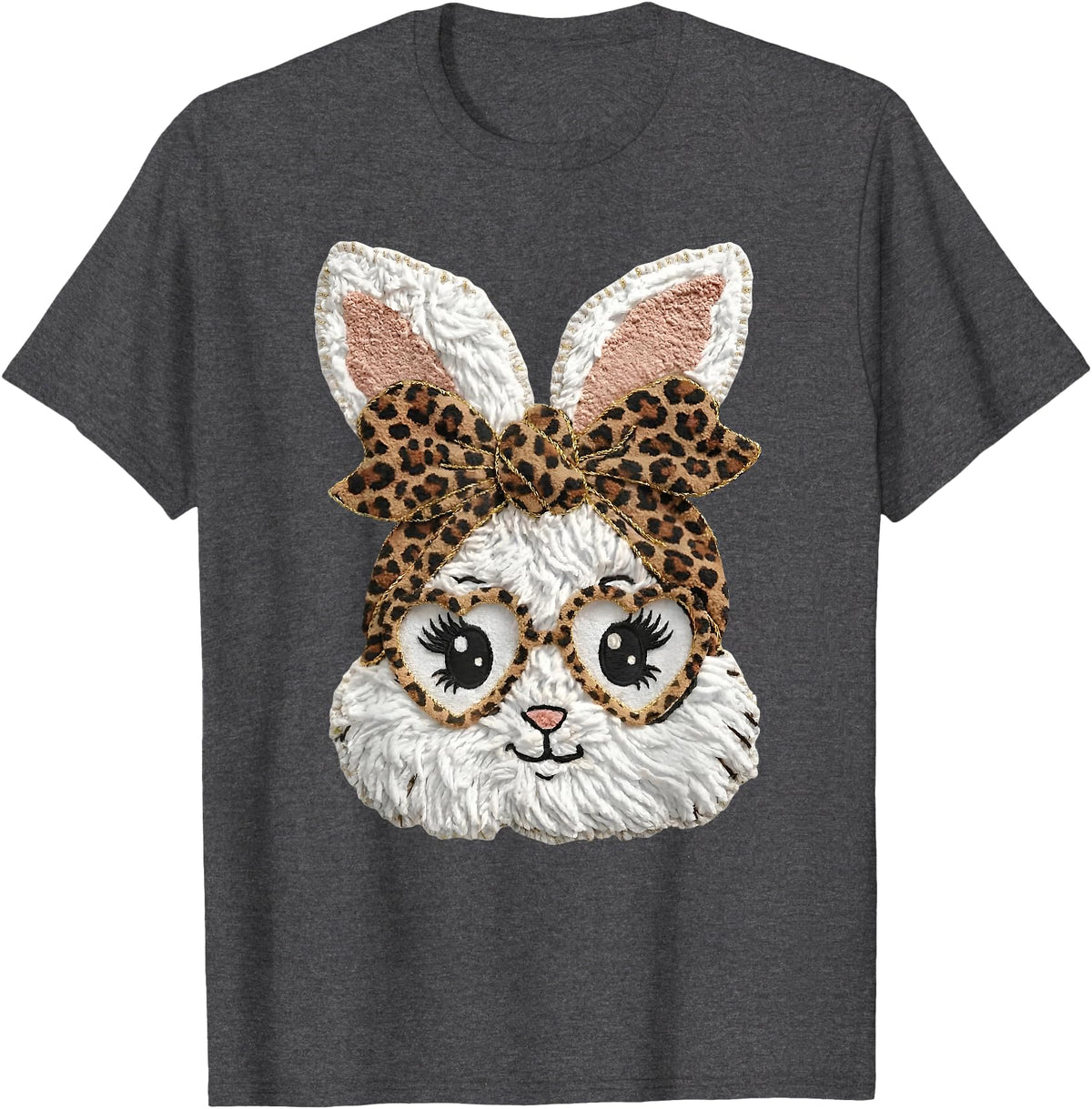 Happy Easter Funny Bunny Glasses Leopard Bandana Rabbit Face T-Shirt in Dark Heather Grey